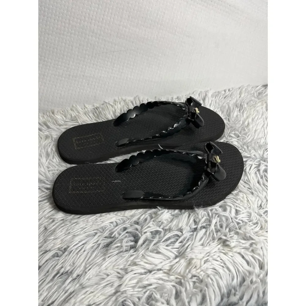 Kate Spade Denise Flip Flop Women's US 8 Gold Charm Bow Shoes Black